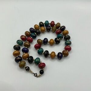 Vintage 1980’s Chunky Multicolor Hand Painted Resin Beaded Necklace With Clasp